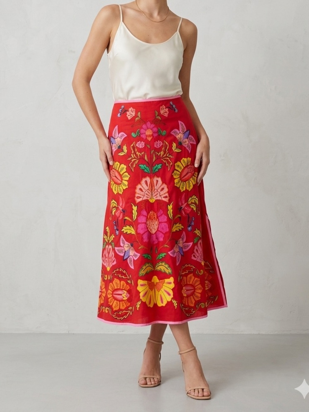 Farm Rio Red Vibrant Botanical Floral Print A-Line Maxi Skirt Size L ❤️